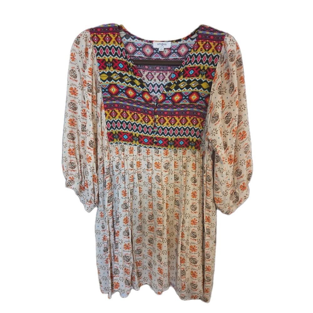 UMGEE‎ Babydoll Tunic Top SZ L 3/4 Sleeve Brown Orange Aztec 4 Button Boho